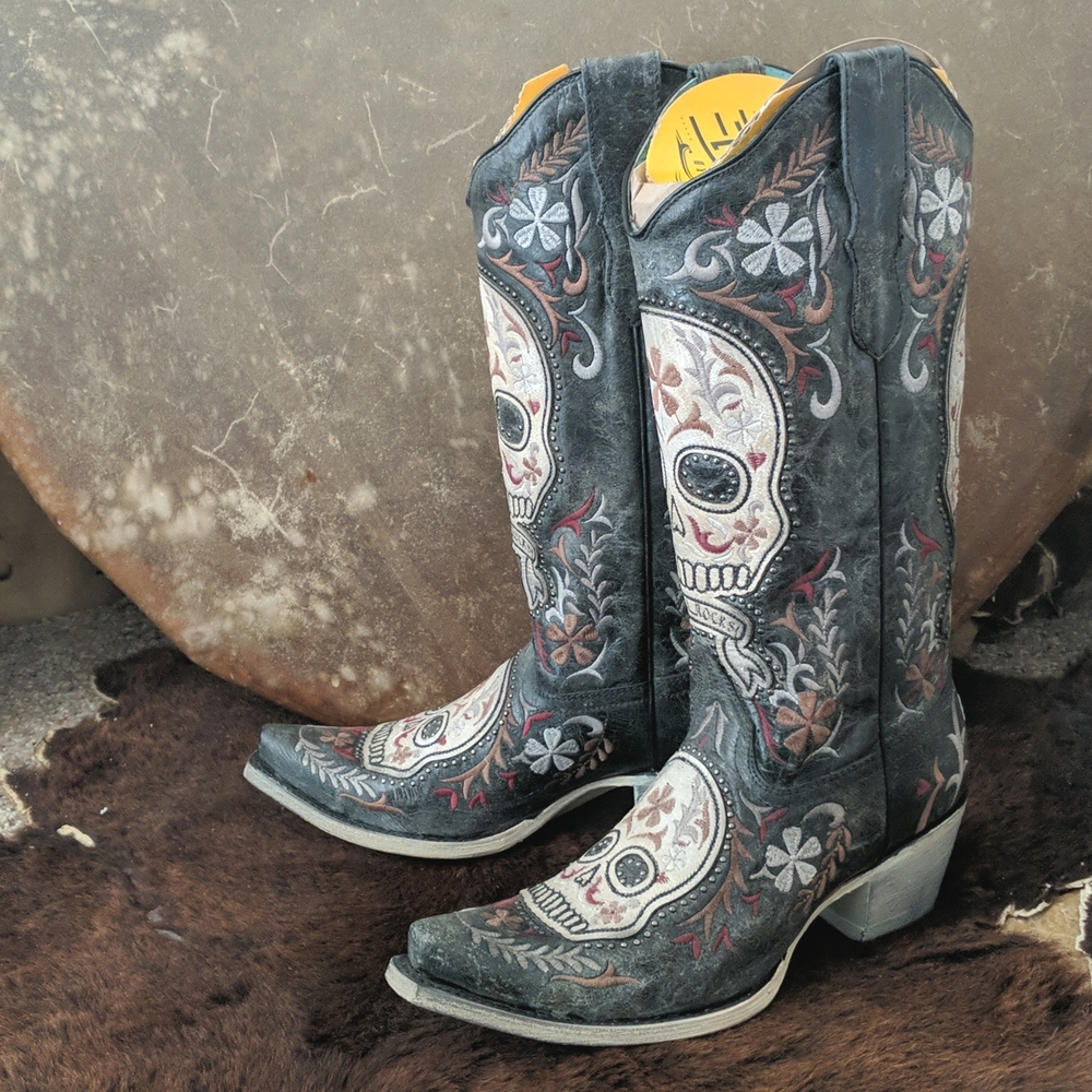 CORRAL E1587 distressed charcoal leather embroidered sugar skull boots sz 7 NWT - Picture 2 of 16